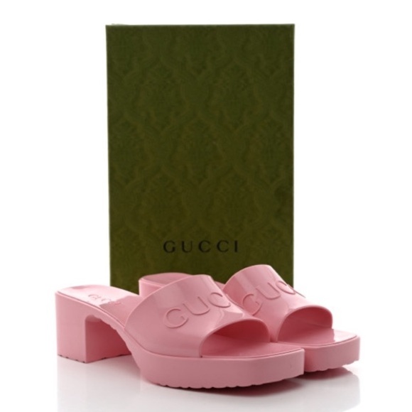 New GUCCI Wild Rose Pink Rubber GG Logo Slides Heel Mules Sandals Women’… - Picture 2 of 12